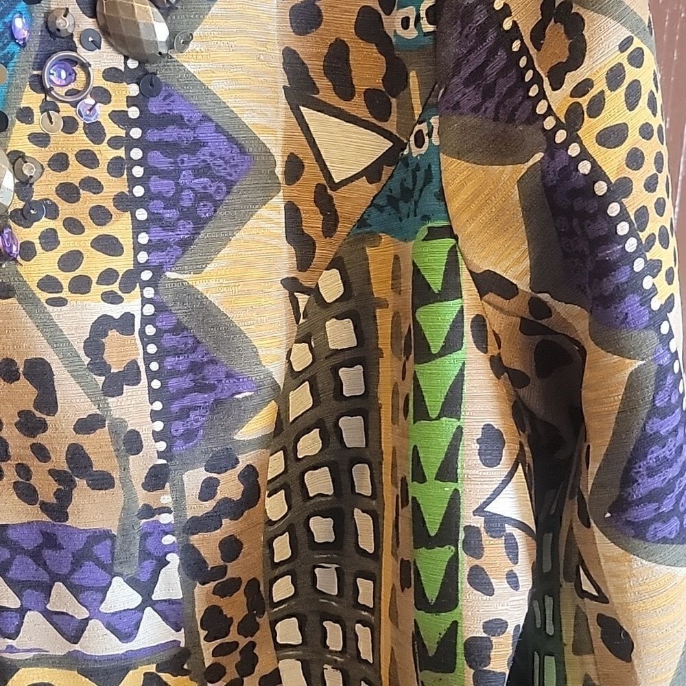 Trenz-Silk purple & green print jkt. 1X. NWT. 3/4 Sleeves. Round neck. - Picture 10 of 12